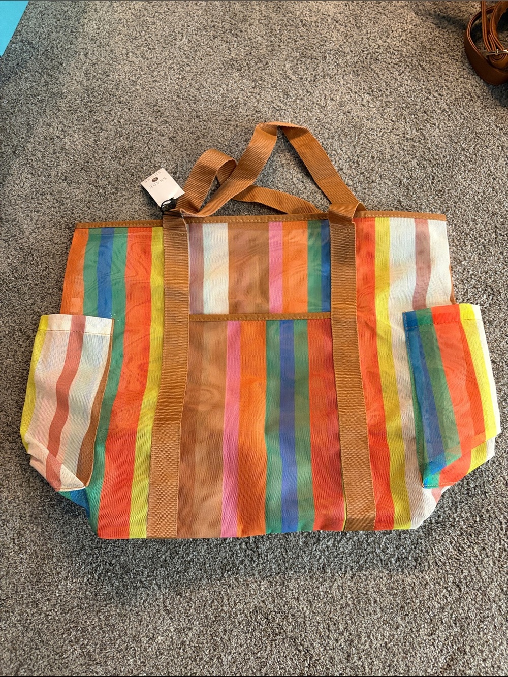 Striped Rainbow Tote Bag with Brown Straps